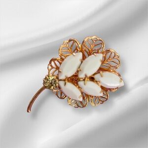 Milk Glass Gold-Tone Vintage Women’s Single Leaf Brooch, 2” X 13/4”, EUC.